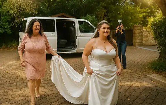 Woman walking with wedding dress on