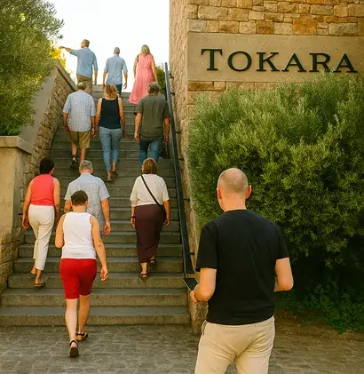 People walking up the stairs attending a wine tour