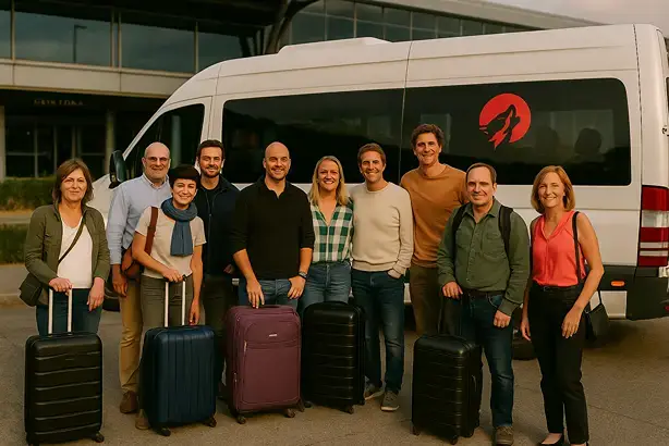 group of travelers ready to board shuttle from airport
