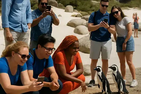 people viewing penguins on beach