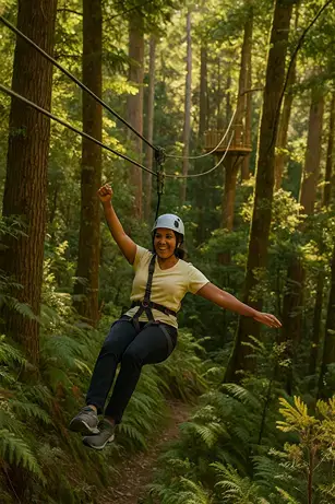 woman zip lining through a forest