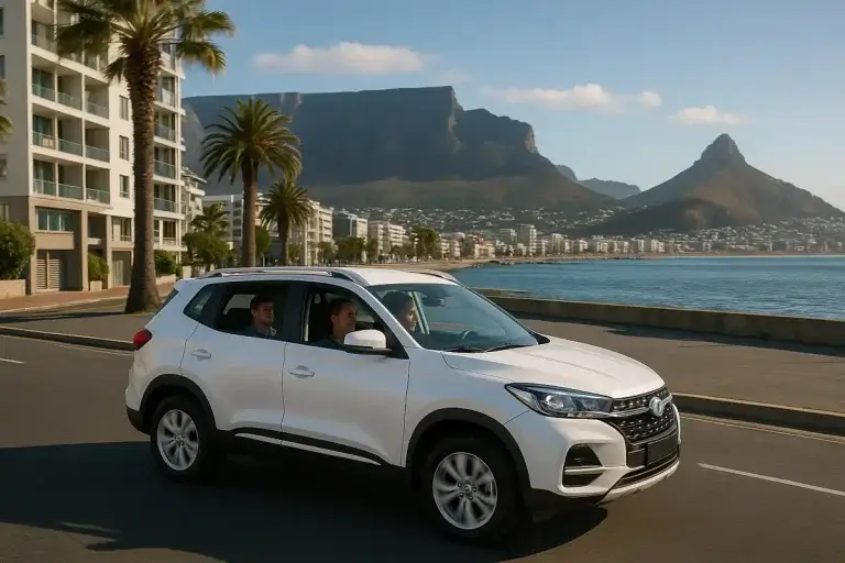 white shuttle in front of table mountain