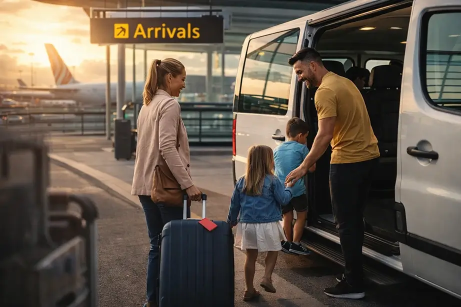 Family boarding shuttle at sunset