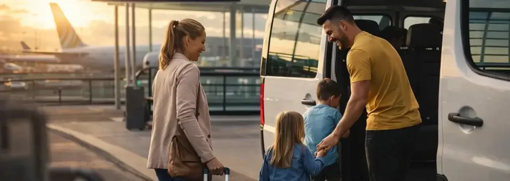 Family reunion at sunset at the airport