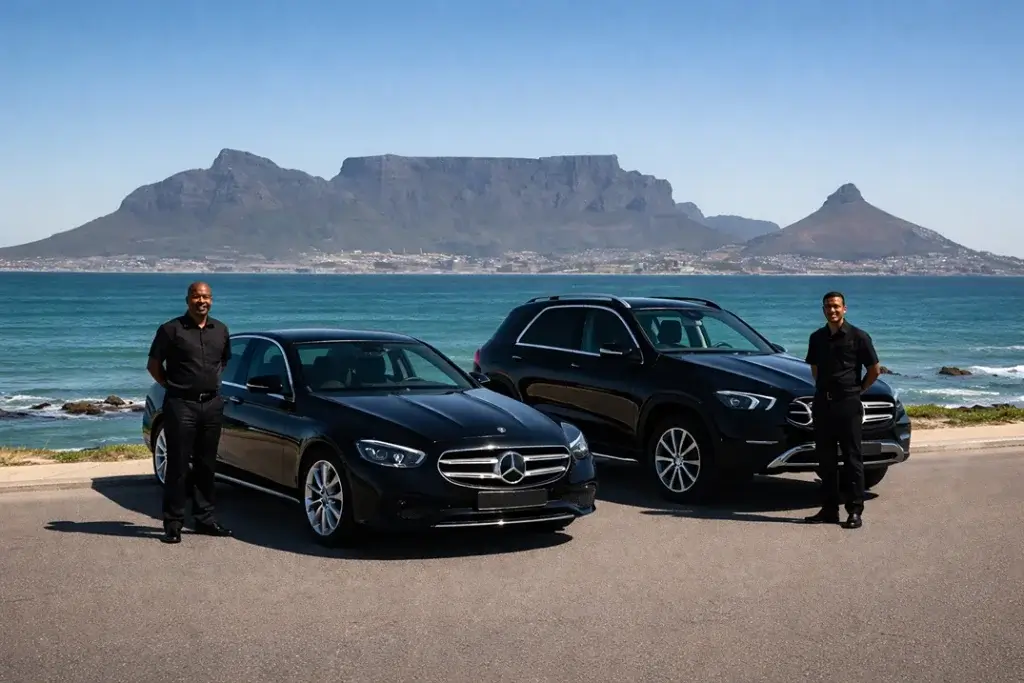Luxury chauffeurs with scenic Cape Town backdrop
