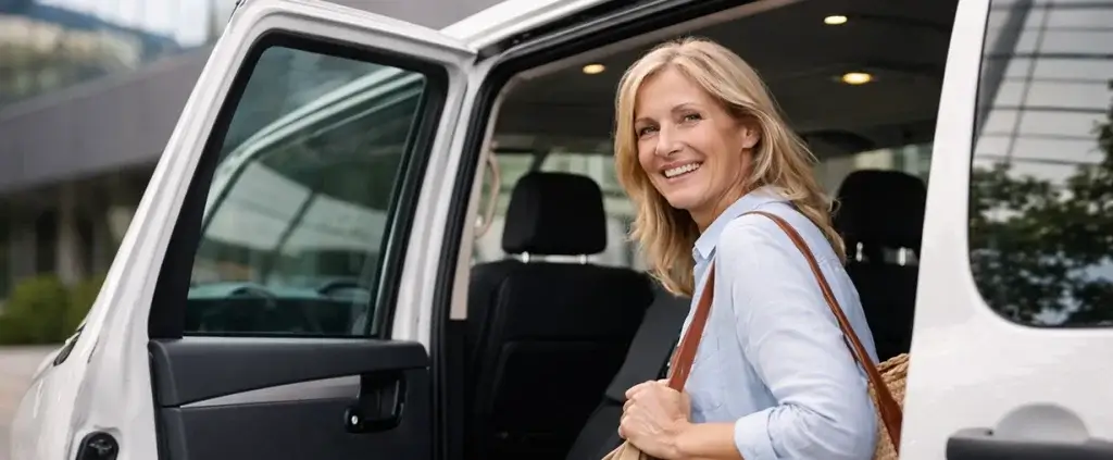 Woman Stepping into the car with a smile