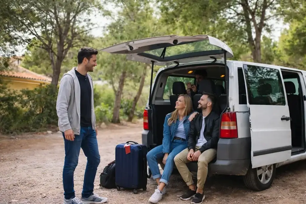 travelers gathered at shuttle stop
