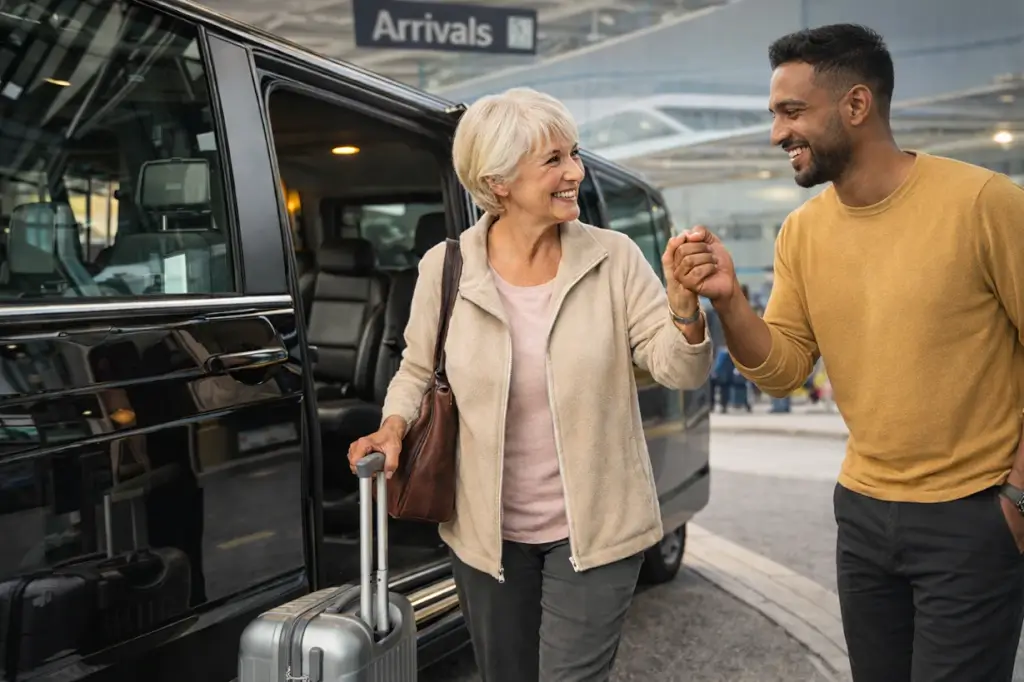 Driver helping female passenger out of shuttle at the airport arrivals
