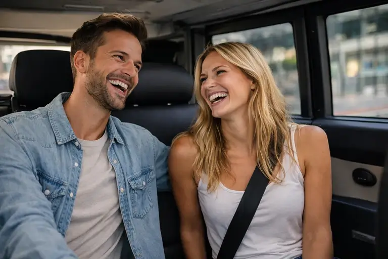 Laughing together in shuttle